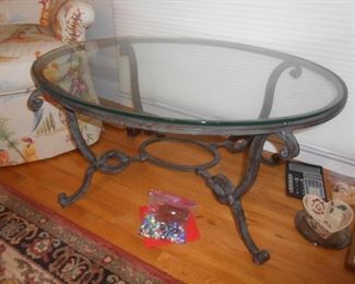 (#19) By Laverne, cocktail glasstop metal table $40
