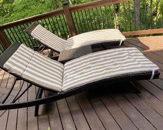 Pair Resin Wicker Lounge Chairs & Side Table