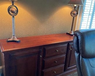 Wood Credenza & Pair of Decorative Lamps
