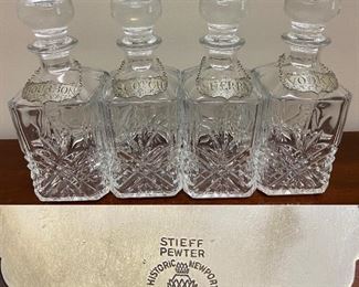 4 Stieff Pewter Liquor Labels and Crystal Decanters