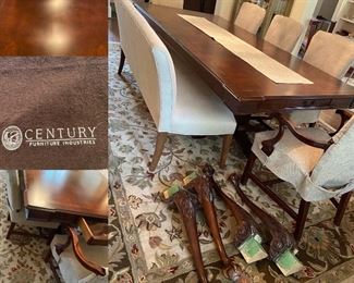 Century Burl Wood Dining Table, 2 Flatware Drawers,  with 2 Arm Chairs, 4 Side Chairs & Bench Seat. Original Legs & Additional Legs Available for Table