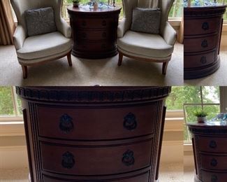 Pair Upholstered Arm Chairs 
Round Barrel shaped Chest of Drawers 