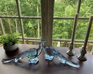 Pair Large Blue Paden City Glass Pheasants 