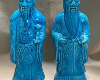 E129 Two Signed Turquoise Blue Ceramic Monks