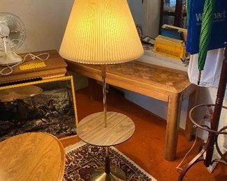 Another floor lamp (mid-century modern) with oak sofa table behind it. Rug below is for sale too!
