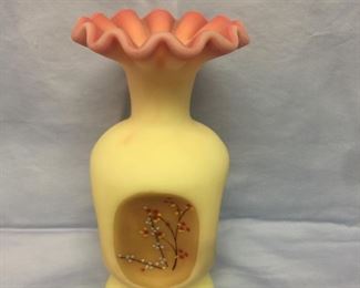 Fenton Small Yellow Ruffle Burmese Satin Vase with flower decor.    Price:  $25.00