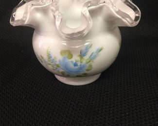 Fenton Small Ruffle Vase with Blue Flowers   Price:  $30.00
