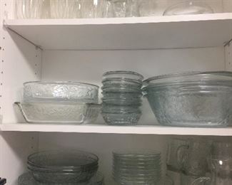 Princess House Heritage Pattern - Lg. Pitcher 10" $12.00; Sm. Pitcher 6 1/2" $5.00;  Chip and Dip Bowl $10.00; Water glasses 5 1/2" 8 for $25.00        Princess House Fantasia Pattern - casserole with lid 13 1/2" $35.00 each; cereal bowl Lg. 8 3/4 $10.00 for 3; Oval Platter 13" $30.00; Sm. fruit bowls 5 1/2" $18.00 for 8; Salad plate 8" $10.00 for 8; Mugs $25.00 for 8; Individual casserole $18.00 for 8; Cake pan 9 1/4" $20.00; Square Baking Dish 8 1/2 x 10" $20.00; Cream and Sugar $12.00 set