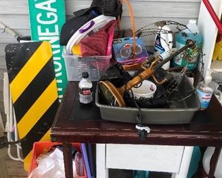 Road signs, assorted outdoor tools and chemicals 