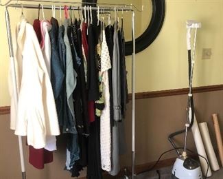Clothes, clothes steamer, accent mirror