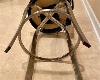 Lot 8014. $400.00. ($100.00 Ea) 4  black leather, swivel stools with brushed metal frame.  Seat Ht 30", stool 45" T and 21" W.   We can split this lot into Two Lots of 4 Stools.ls.