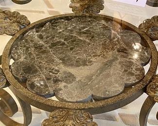 Lot 8027.  $550.00. Sherrill Round Coffee Table with Glass Top with Marble Insert, Wrought Iron Metal Base 	42" Diam x 18" T.   Homeowner paid 0ver $1,350.00.