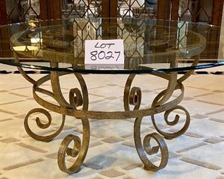 Lot 8027.  $550.00. Sherrill Round Coffee Table with Glass Top with Marble Insert, Wrought Iron Metal Base 	42" Diam x 18" T.   Homeowner paid 0ver $1,350.00.