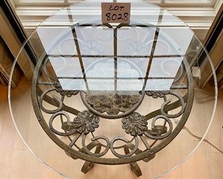 Lot 8028. $375.00  Matching Sherrill glass top side table with marble inset, metal base & legs. 24" T x 28" diameter.  Homeowner paid $840.00 for this table.