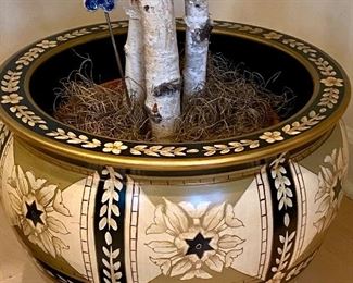 Lot 8032.  $85.00. Silk Ficus tree in lovely gold & black glazed pot.  Dimensions:  Tree 74" T x 40" W, pot is 16" diam