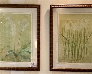 Lot 8039.  $160.00  Two large framed floral prints, one of paper whites and one of Irises.  Beautiful bamboo look wood frames	29" W  x  37" T