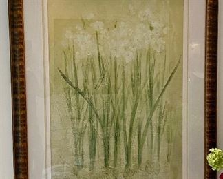 Lot 8039.  $160.00  Two large framed floral prints, one of paper whites and one of Iris'.  Beautiful bamboo look wood frame	29" W  x  37" T