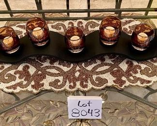 Lot 8043. $65.00. Mikasa 5 Votive Candle Tray with Candles atop a stunning beaded runner.  24" L x 4.25" W and Matching Beaded Runner 36" L x 13" W