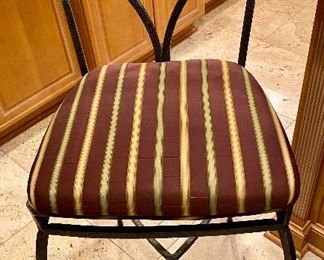 Lot 8042   $375.00  3 Bar Stools with Wrought Iron Base and Fabric Seat Covers - Nice designer touch; these counter-height stools coordinate with the dining table in lot #8041	18" W x 42" H Back, Seat 30" H x 15" W