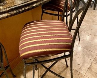 Lot 8042   $375.00  3 Bar Stools with Wrought Iron Base and Fabric Seat Covers - Nice designer touch; these counter-height stools coordinate with the dining table in lot #8041. 18" W x 42" H Back, Seat 30" H x 15" W