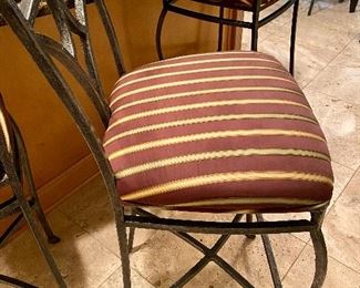Lot 8042   $375.00  3 Bar Stools with Wrought Iron Base and Fabric Seat Covers - Nice designer touch; these counter-height stools coordinate with the dining table in lot #8041  18" W x 42" H Back, Seat 30" H x 15" W