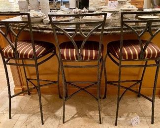 Lot 8042   $375.00  3 Bar Stools with Wrought Iron Base and Fabric Seat Covers - Nice designer touch; these counter-height stools coordinate with the Kitchen dining table in lot #8041	18" W x 42" H Back, Seat 30" H x 15" W
