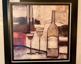 Lot 8044  $50.00  2 Wine Glasses and bottle of Wine Print with Black Frame. 32" H x 32" W. Perfect Decor for a Wine Bar or Cellar.