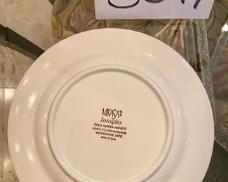 Lot 8047. $375.00. Mikasa Intaglio Garden Harvest China Set includes: 12 Six Piece Place Settings (Dinner Plates, Salad Plates, Bread & Butter Plates, Rimmed Soup Bowls, Cups & Saucers.  Serving Pieces on next lots,  This is a super attractive 72-pc set can be used formally. or every day.  Now that we can entertain again, it would be nice to tell family and friends that they are worth setting a beautiful table!  