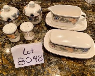Lot 8048. $45.00 Mikasa Garden Harvest Covered Butter, Gravy Boat & Plate, Salt & Pepper Shakers, 2 Jam/Condiment Jars