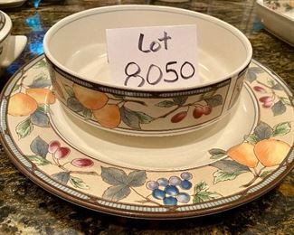 Lot 8050. $45.00 Mikasa Garden Harvest: 13" Round Platter, 8.5" Round Vegetable Bowl and 10" Round Covered Casserole
