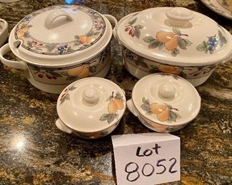Lot 8052. $75.00. Mikasa Garden Harvest; 9.5" Oval Covered Baker, 9" Round Covered Soup Tureen and 2 Covered Casserolettes