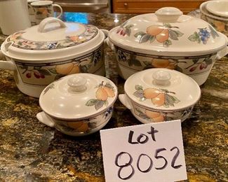 Lot 8052. $75.00. Mikasa Garden Harvest; 9.5" Oval Covered Baker, 9" Round Covered Soup Tureen and 2 Covered Casserolettes