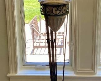 Lot 8059  $250.00. Matching Tall Composite and Metal Floor Lamp with Fabric Shade. 63" T x 11" Diam Base, 21" Diam Fabric Shade