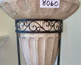 Lot 8060  $275.00  Cone Shaped Stone Urn or Planter with Tall Metal Frame  72" T x 24" Diam. Urn.