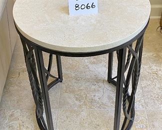 Lot 8066. $225.00 Contemporary Stone Top End Table with Metal Cage Base. 	20" Diam  x  25.5" T