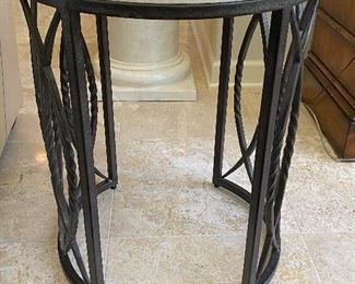 Lot 8066. $225.00 Contemporary Stone Top End Table with Metal Cage Base.  20" Diam  x  25.5" T