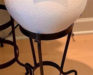 Lot 8070  $85.00 Black iron plant stand with white pottery pot.  25" T 