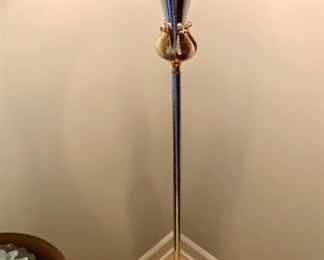 Lot 8072. $175.00. Unique Chrome Floor Lamp with Coppertone Accent Detail.  2 Layer Shade Dark Coppertone Mesh Behind a Light Fabric Overlay.	66" T
