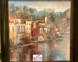 Lot 8073. $175.00. Very Decorative Giclee or Print on Canvas, Framed, of a Scene of Village at the Water's Edge. 35" Square