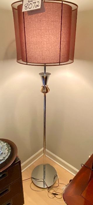 Lot 8072. $175.00. Unique Chrome Floor Lamp with Coppertone Accent Detail.  2 Layer Shade Dark Coppertone Mesh Behind a Light Fabric Overlay.	66" T