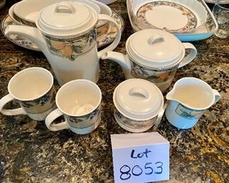 Lot 8053. $75.00 Mikasa Intaglio Garden Harvest: Coffee Pot, Tea Pot, Cream & Sugar Set and 12 Mugs Holy Cow!