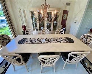 Lot 8075 $1800.00 Awesome Century Furniture Dining Room Set includes: Light Wood Dining Table with Glass Insert and 2 Leaves, 2 Armed Chairs and 6 Dining Chairs, Matching custom Table Runner,	Leaves 21" W, Table 70" L x 47.5" W