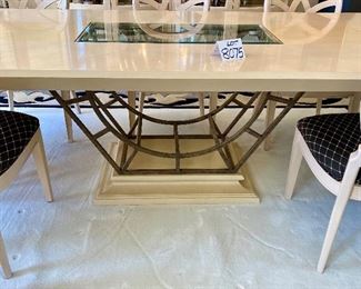 Lot 8075 $1800.00 Awesome Century Furniture Dining Room Set includes: Light Wood Dining Table with Glass Insert and 2 Leaves, 2 Armed Chairs and 6 Dining Chairs, Matching custom Table Runner,	Leaves 21" W, Table 70" L x 47.5" W