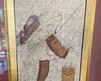 Lot 8080. $50.00. Abstract Multi-Media Wall Art in Brass Frame w/ Gold and Burgundy Colors	 40" T x 16" W