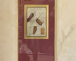 Lot 8080. $50.00. Abstract Multi-Media Wall Art in Brass Frame w/ Gold and Burgundy Colors	 40" T x 16" W