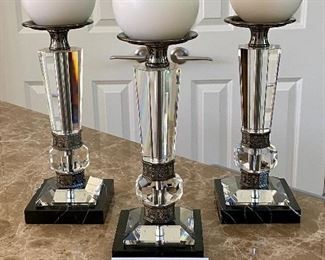 Lot 8082  $120.00 Set of 3 Lead Crystal Candle Holders on Marble Bases w/ Ball Candles	12" T x 4.5" Marble Square Base