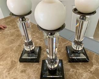 Lot 8082  $120.00 Set of 3 Lead Crystal Candle Holders on Marble Bases w/ Ball Candles	12" T x 4.5" Marble Square Base