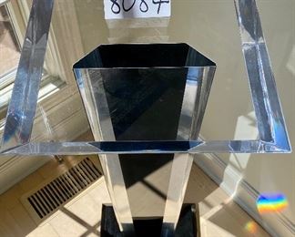 Lot 8084 $250.00  Cool Clear Lucite and Black Pedestal. Perfect for Display of Art or Sculpture. 36" T x 14" Sq Top.  Great Light Effects like Prism.  