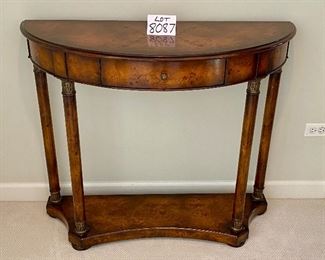 Lot 8087.  $395.00  Beautiful Demi-lune walnut hall table.  Beautiful details. 42" W x 16" D x 36" H.  Homeowner paid $972.00 for this piece.  