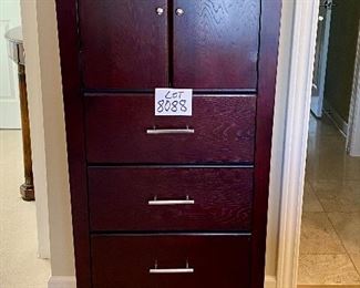 Lot 8088. $1650.00 Nice Queen Bedroom Suite by Stanley Furniture includes a Tall 5-drawer Chest 32"x19 d x 55T, Media Chest 52" W x 19"deep x 39"t, 2 Drawers, Shelves behind doors and 2 open storage spaces; Queen Bed set with Headboard, Footboard, Memory Foam Mattress 8" thick; and a micro fiber thick board that serves as a box spring, Gentleman's chest with four drawers and two shelves behind doors, 24"w x 19" deep x 59" tall.  Lot also includes a Striped spread and checkered pillows.